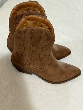 Soda Brown Western Ankle Booties with Embroidered Detail
